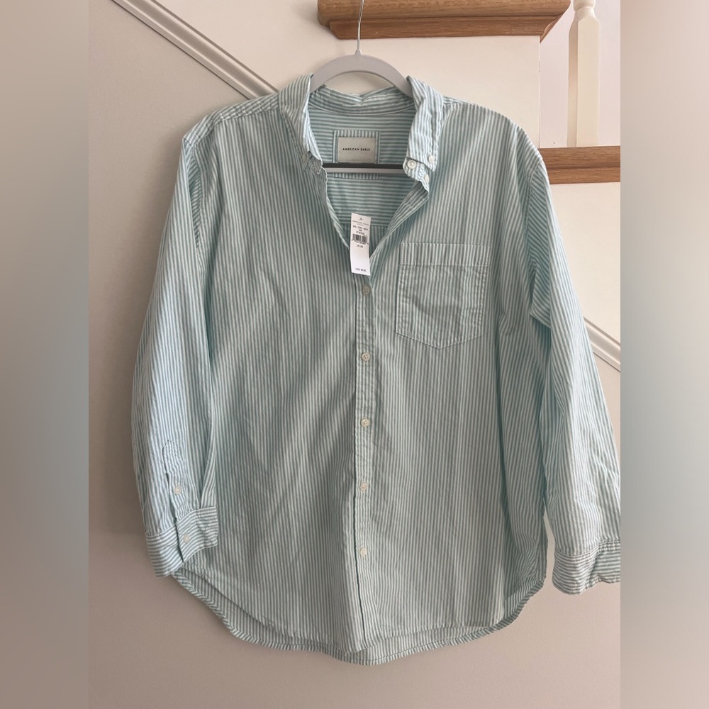 American Eagle Outfitters Light Blue and White Striped Button-Down Shirt
